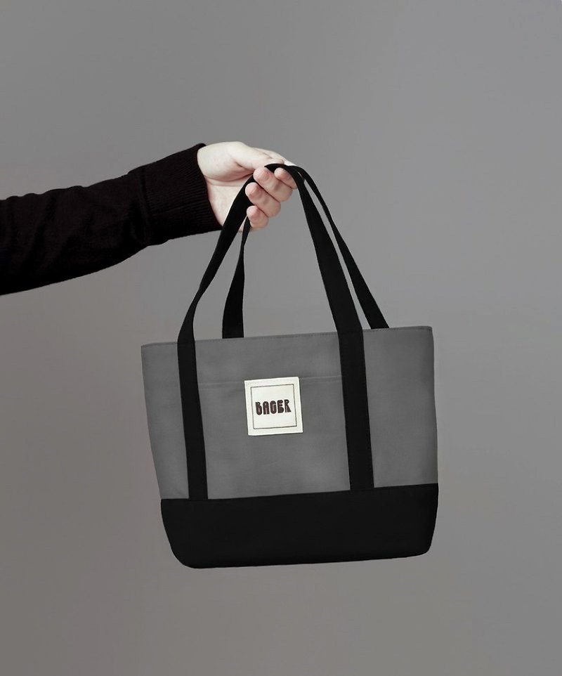 Classic color matching small tote bag / tote bag / lunch bag / gray + black - กระเป๋าถือ - ผ้าฝ้าย/ผ้าลินิน สีดำ