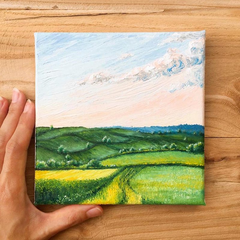 Impasto Countryside Oil Painting.Rice Paddy Landscape Art.Textured Sky and Cloud - โปสเตอร์ - ผ้าฝ้าย/ผ้าลินิน 