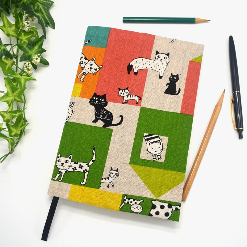 cats at play book cover with bookmark handmade - Book Covers - Cotton & Hemp Green