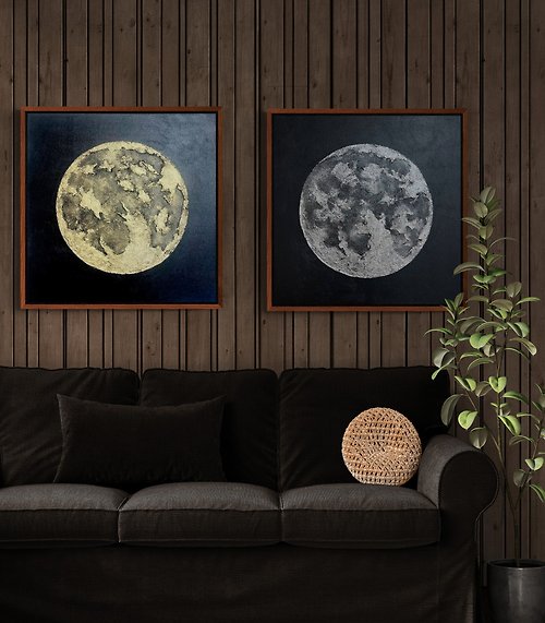 JuliaKotenkoArt Abstract silver gold moon painting on canvas painting Wall Ar for Living room