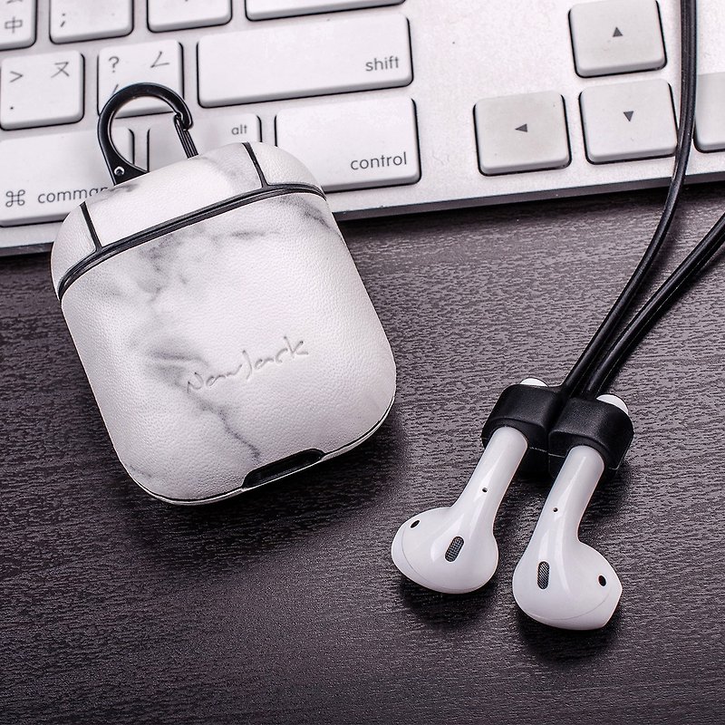NavJack│APPLE │AirPods │Bluetooth earphone storage protection box with lanyard marble white - ที่เก็บหูฟัง - หนังเทียม ขาว