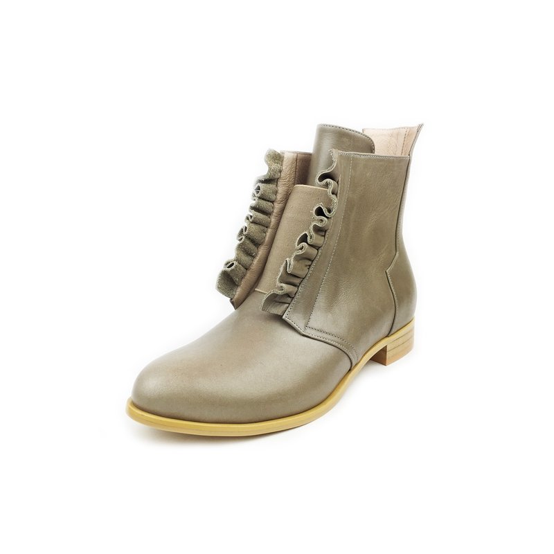 The Deep深海- 海葵 - 蠟感灰褐色牛皮 - 荷葉邊手製皮革短靴 - 女短靴/中筒靴 - 真皮 咖啡色