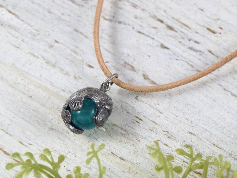 Living Fossil Rare Animal Platypus Ball Pendant Amazonite Leather String Necklace Included - Necklaces - Other Metals Blue