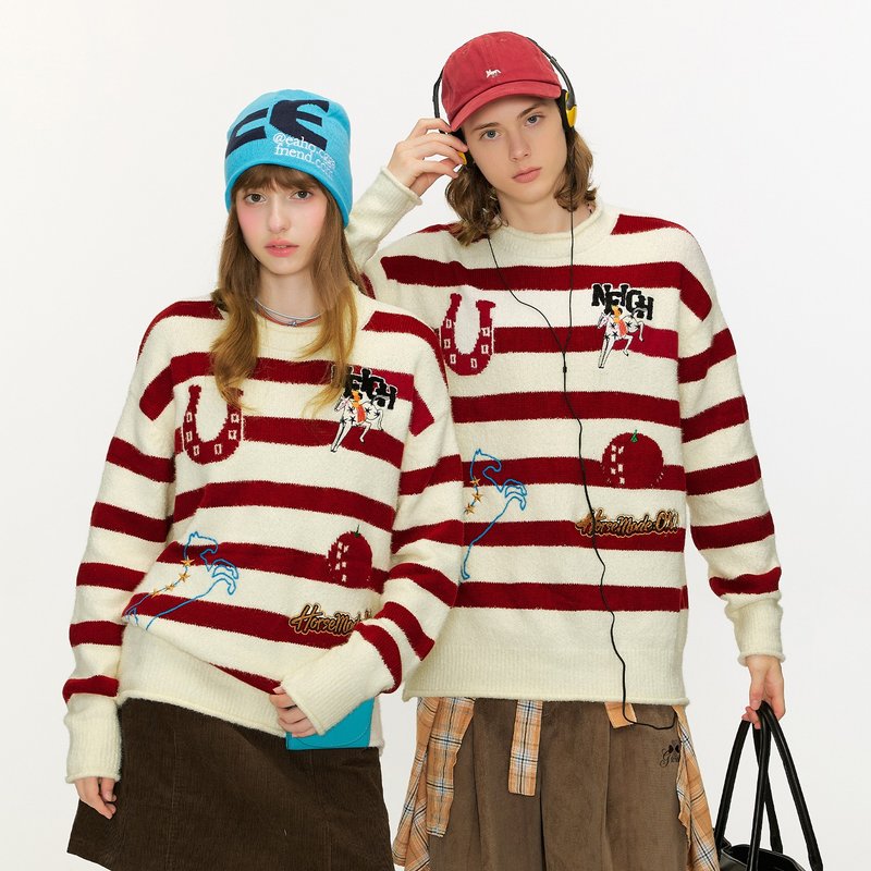 情侶刺繡聖誕針織衫 馬年本命年衣服紅白撞色條紋毛衣 - 男裝毛衣/針織衫 - 棉．麻 