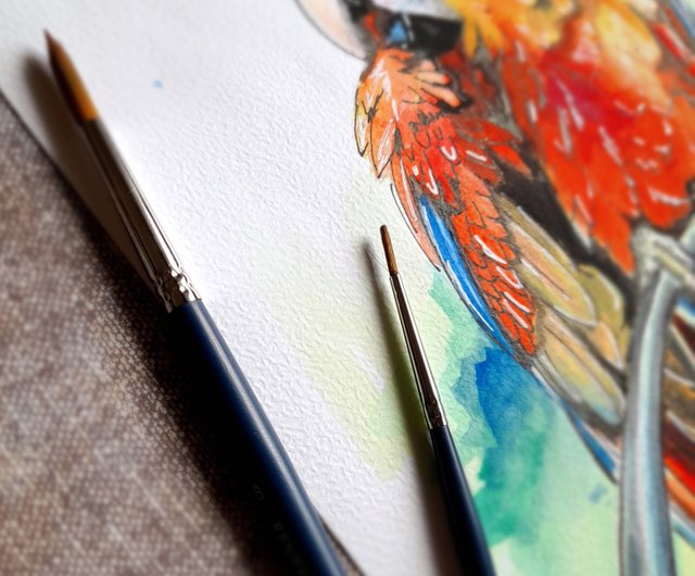 オウム絵画赤コンゴウインコ鳥水彩アートワークオリジナル壁