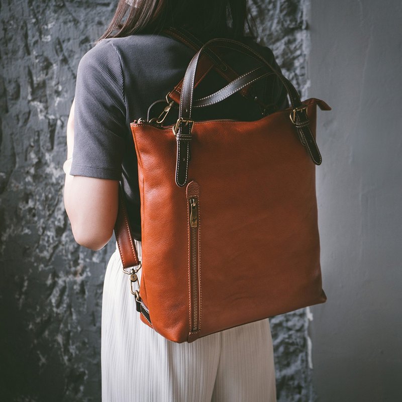 Japanese simple three-use tote bag X-256 Brown - Backpacks - Genuine Leather Orange