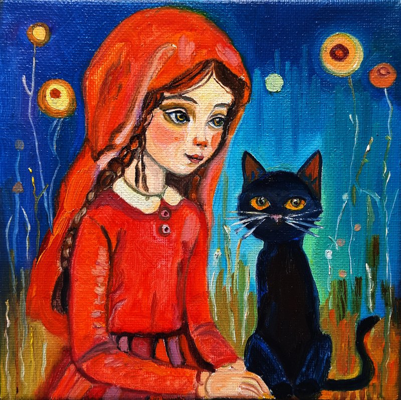 Little Girl  Painting Original Art Small  Oil Painting on Canvas 15sm by15sm - 壁貼/牆壁裝飾 - 其他材質 紅色