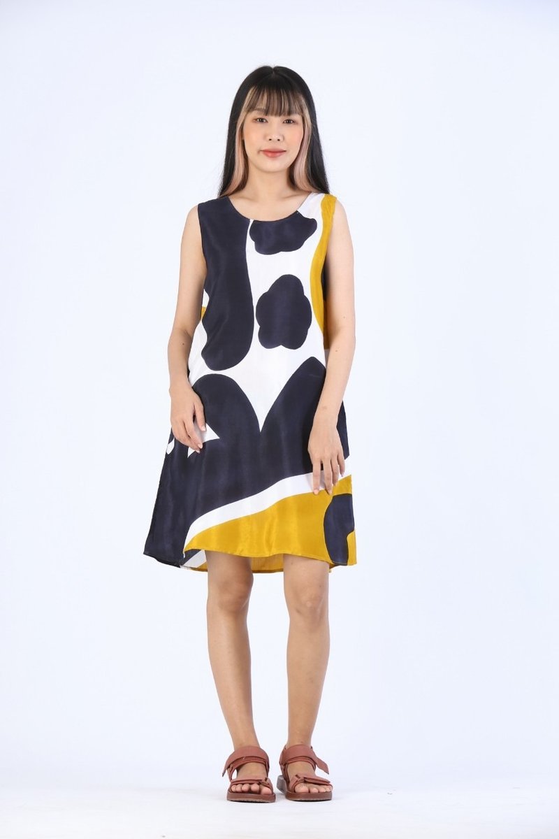 Short Dress Cotton Rayon Hand Paint - 洋裝/連身裙 - 棉．麻 黑色
