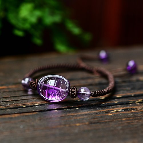 一念之間 純天然紫水晶手繩手鏈 手工雕刻富甲天下 上手超美 招財保平安