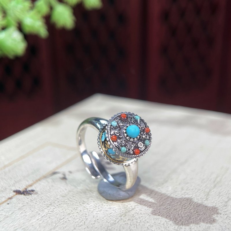 藏式轉經筒銀鑲綠松石南紅銀開口戒指 重工S925復古銀 六字真言 - 戒指 - 銀 