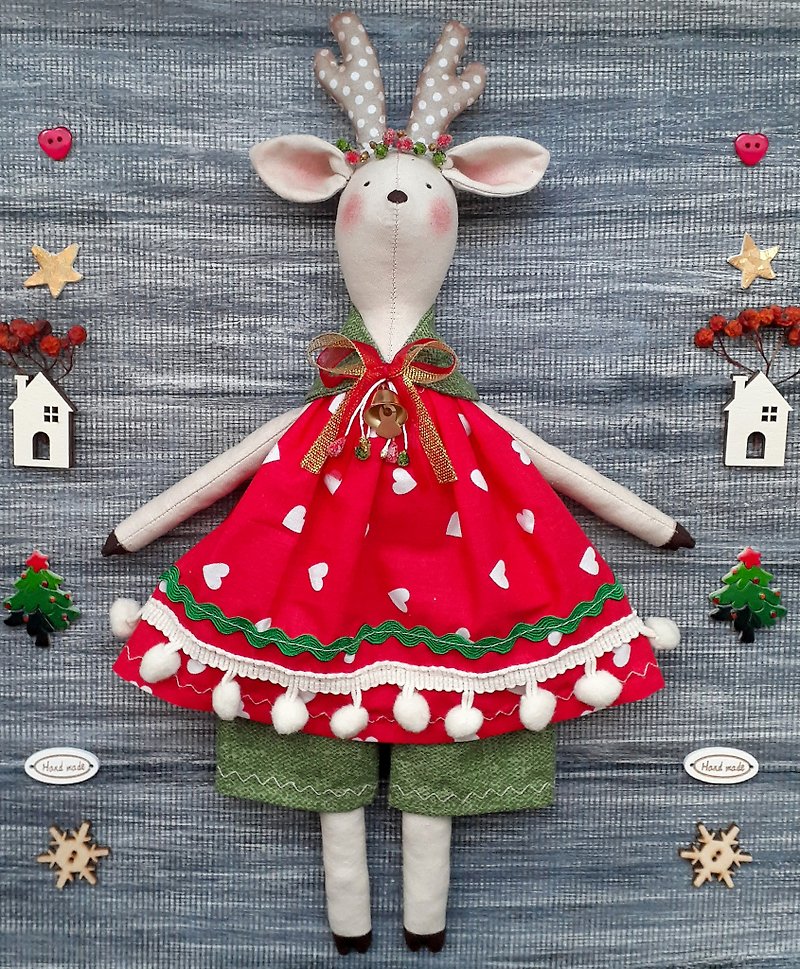 Christmas Deer fabric doll,fawn stuffed doll,heirloom soft handmade cloth doll - Stuffed Dolls & Figurines - Cotton & Hemp 