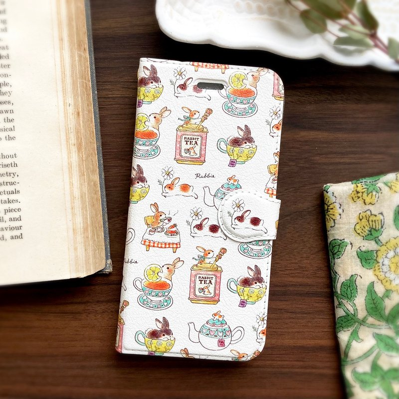 Rabbit Tea手帳型スマホケース　iPhoneとAndroid各種　うさぎと紅茶 - 手機殼/手機套 - 人造皮革 粉紅色