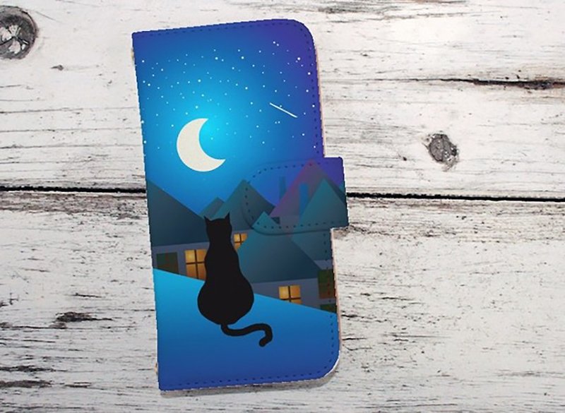 [Compatible with all models] Free shipping [Notebook type] Moon and cat cat smartphone case - Phone Cases - Genuine Leather Blue
