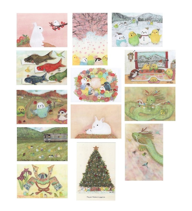 Bird postcards set E, handmade by artist - 13 pieces - Cards & Postcards - Paper Multicolor