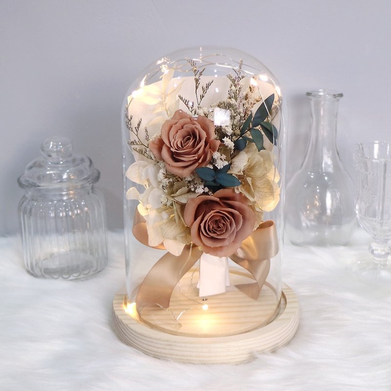 情人節禮物 LED玫瑰花束永生花鐘罩 -兩朵玫瑰(泰奶棕) - 乾燥花/永生花 - 植物．花 卡其色