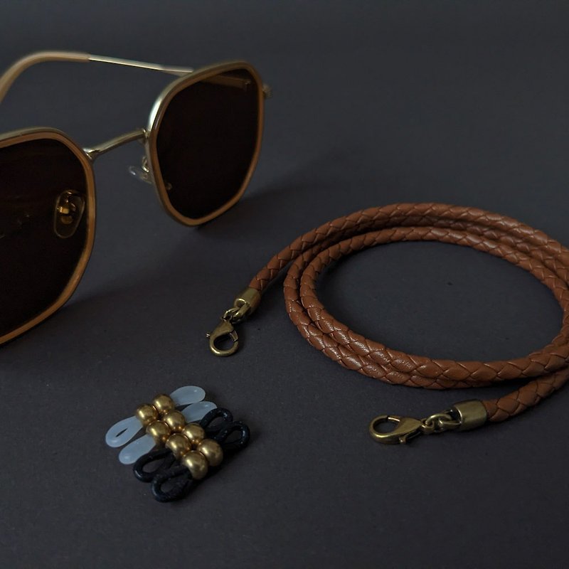 4mm metallic Brown Nappa leather braided leather rope gold bronze fastener glasses chain mask chain - เชือก/สายคล้อง - หนังแท้ สีทอง