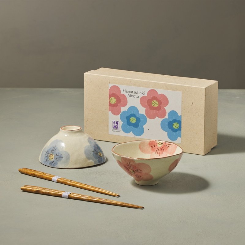 Japanese Mino-yaki-Camellia Pair Bowl Gift Set-With Chopsticks (4 Pieces) - Bowls - Pottery Multicolor