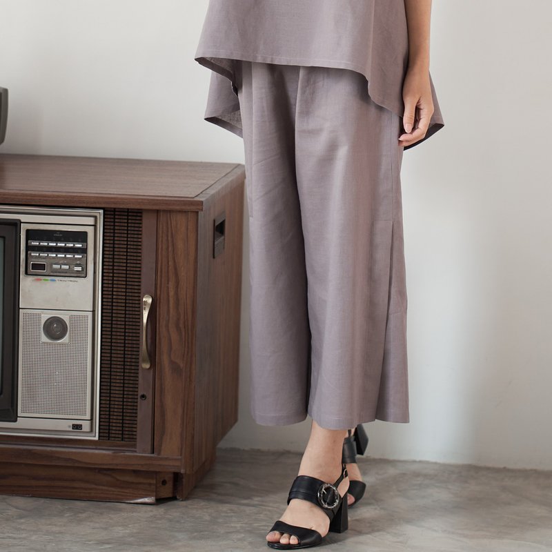 Natural Linen Pants with Side Slit at the Leg Elasticated Waist - Pale Brown - 女長褲 - 亞麻 咖啡色