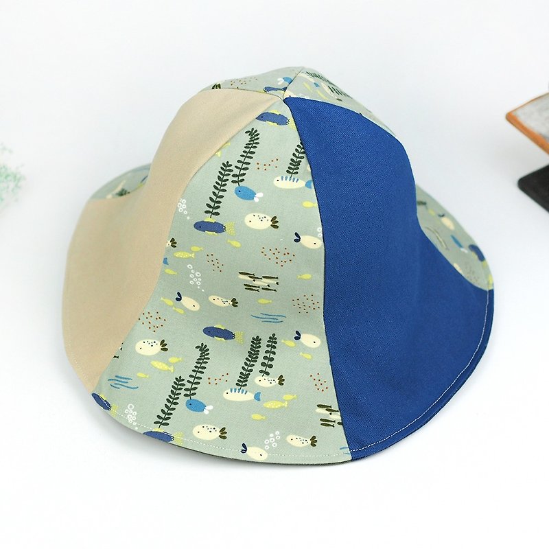 小牛村 手工雙面帽 遮陽帽 海洋 寶藍 可愛【小魚水草】【HM-27】限量 - 帽子 - 棉．麻 藍色