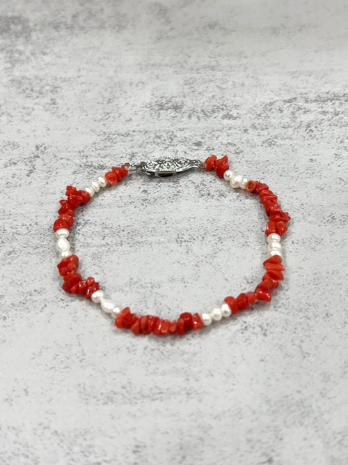 Juno Jewelry 嘉龍珠寶 天然珊瑚珍珠手鍊 阿卡紅珊瑚 白色淡水珠 珊瑚手鍊
