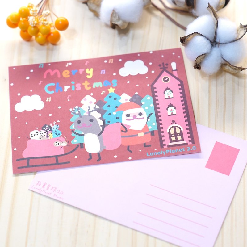 寂寞星球2.0 明信片-聖誕老人、麋鹿先生送禮物 - 心意卡/卡片 - 紙 紅色