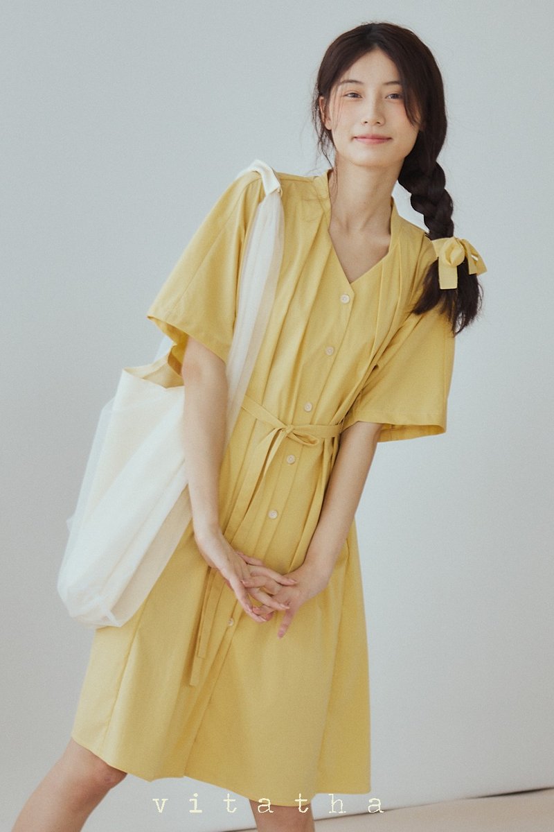 Yellow 2-color beautiful niche neckline pleated short-sleeved dress slimming all-match retro tie loose dress - ชุดเดรส - ไฟเบอร์อื่นๆ สีเหลือง