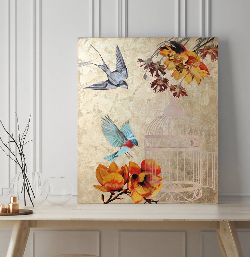 Painting Flowers Birds |  Orange Flower Gold Art | Birds with flowers 2 - 壁貼/牆壁裝飾 - 棉．麻 金色