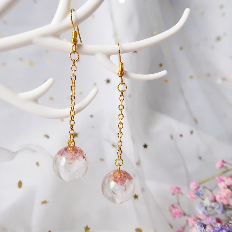 藕 pink flower crystal ball earrings - ต่างหู - เรซิน 
