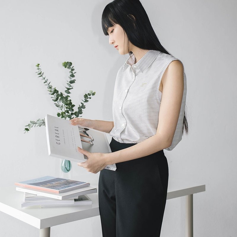 PREMIUM // white green check // women sleeveless - 背心/無袖上衣 - 棉．麻 白色