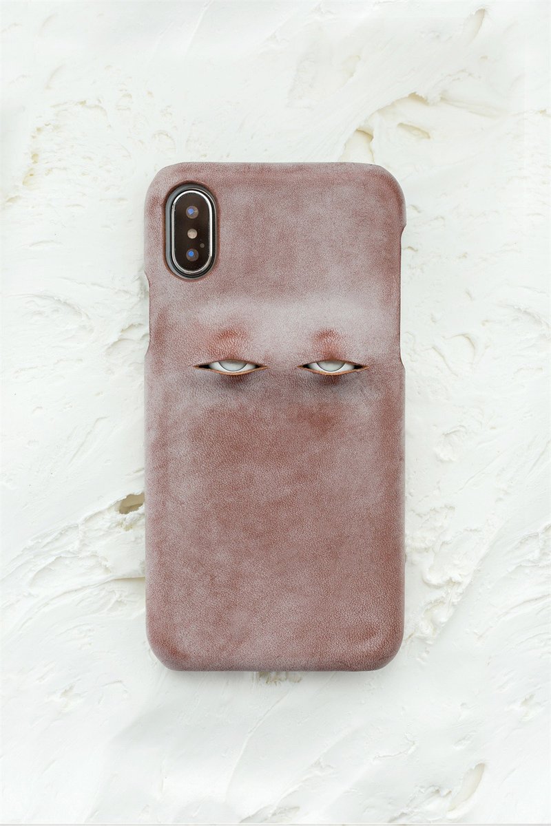 咖啡色 翻白眼設計 手工真皮iPhone手機殼 保護套 義大利植鞣牛皮 - 手機殼/手機套 - 真皮 咖啡色