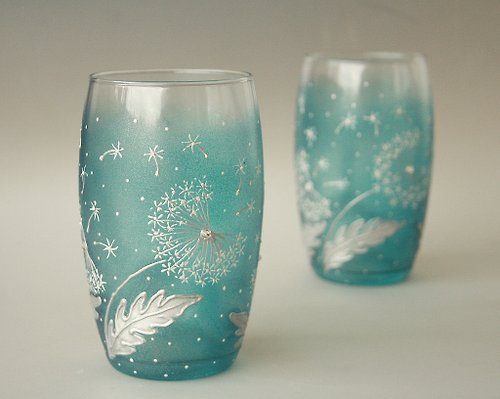 NeA Glass Dandelion Wild Flowers Glasses, hand-painted set of 2