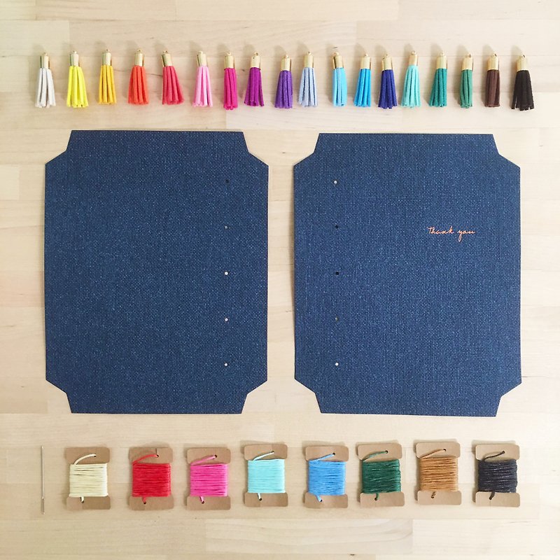 Special Textured Denim Paper + Suede Tassel Bookmark Craftbook Maker (DIY Notebook / Bookbinding Kit) - Thank you - งานไม้/ไม้ไผ่/ตัดกระดาษ - กระดาษ สีน้ำเงิน