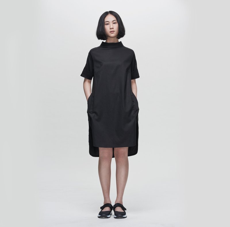 TRAN - lapel pocket dress - One Piece Dresses - Cotton & Hemp Black