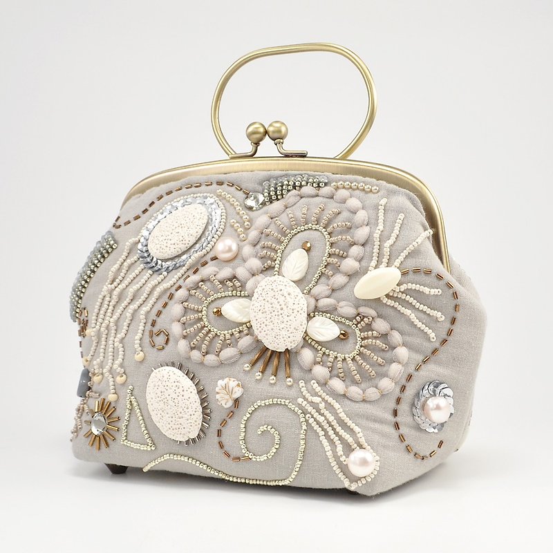 Sparkle and statement purse with frame, one of a kind handbag, gray handbag - กระเป๋าถือ - ผ้าฝ้าย/ผ้าลินิน สีเทา