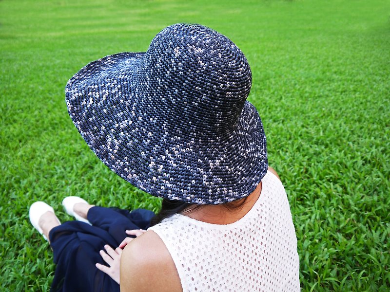 Amu’s Handmade Hat-Summer Raffia/Paper Rope Hat-Foldable Enlarged Round Hat-Ore/Mother’s Day - Hats & Caps - Paper Gray