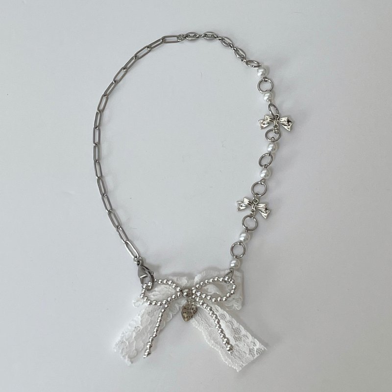 Ribbon Necklace Ribbon Lace Chain Necklace Necklace Bead Necklace Pearl Necklace Pearl Girly Ballet Core - สร้อยคอ - วัสดุอื่นๆ 