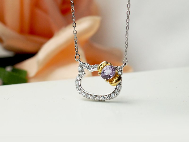 Natural Gemstone Series||Cute Pets|| Cat Shape Necklace Purple Corundum 925 Silver - สร้อยคอ - เงิน สีม่วง