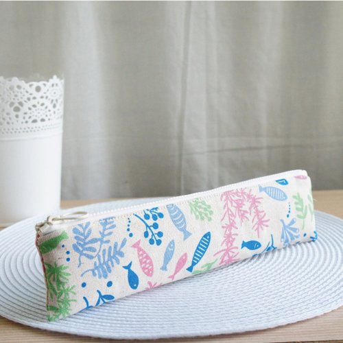 Lovely 樂芙妮 Lovely【日本布】魚水族箱餐具袋、筆袋、麻色、23-24公分筷子