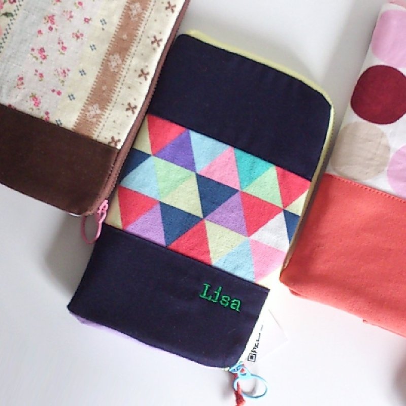 Standing Pen Case (Colored Triangles A) |Choice of Pl Fab |Customized Emb | 2 - Pencil Cases - Cotton & Hemp Multicolor