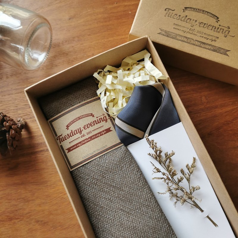 Gift Set - Necktie Another Brown with Blue stripe pocket square - Ties & Tie Clips - Cotton & Hemp 