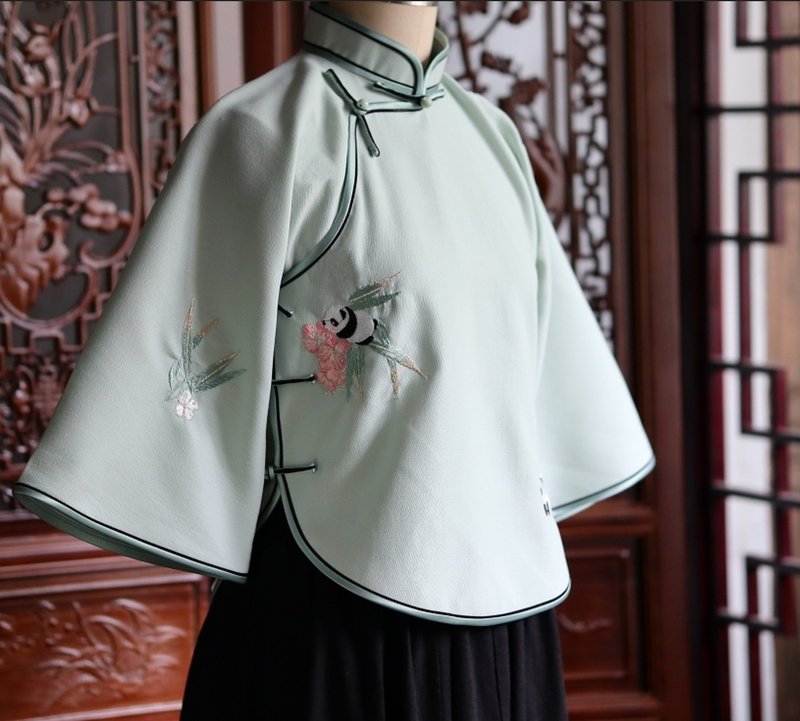 【竹葉熊貓】民國復古風  繡花平裁圓擺中式倒大袖旗袍上衣 - 女上衣/長袖上衣 - 其他材質 綠色