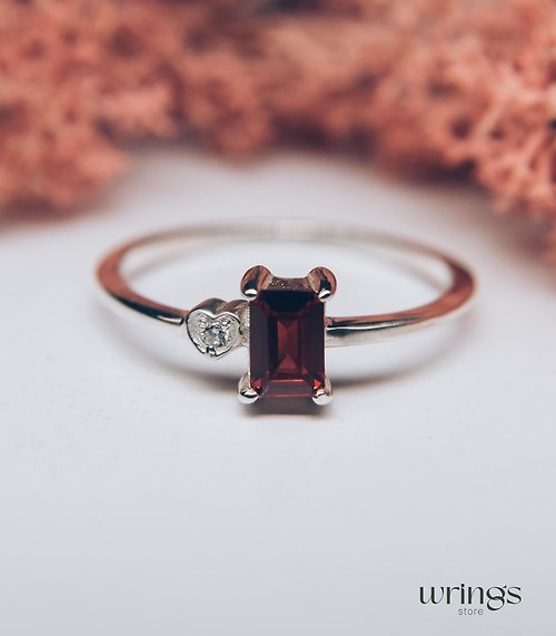 WRINGS Red Garnet Engagement Ring for Women with Dainty Side Heart with Cubic Zirconia