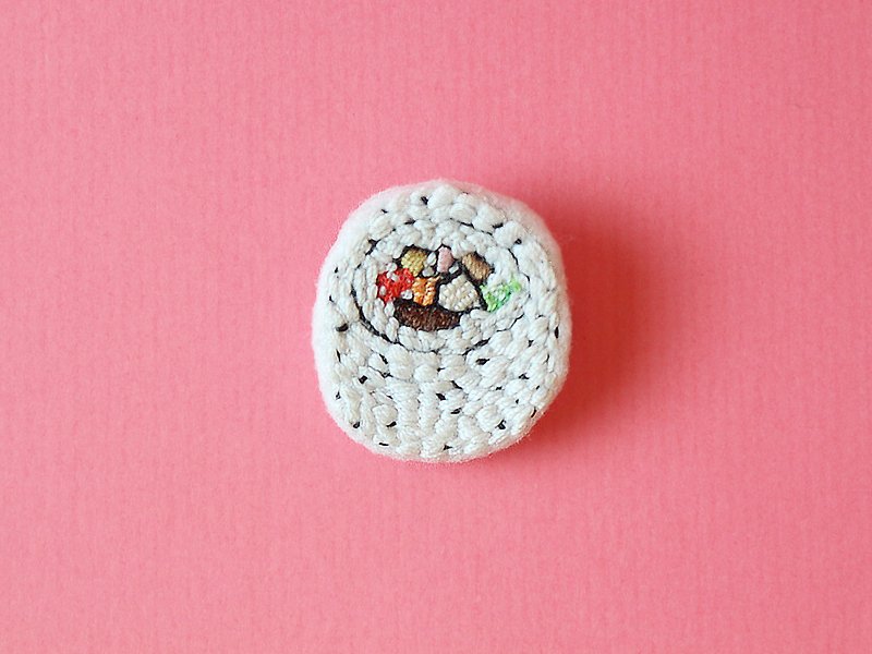Mini Hand Embroidered Brooch / Pin Flower Sushi - Brooches - Thread White
