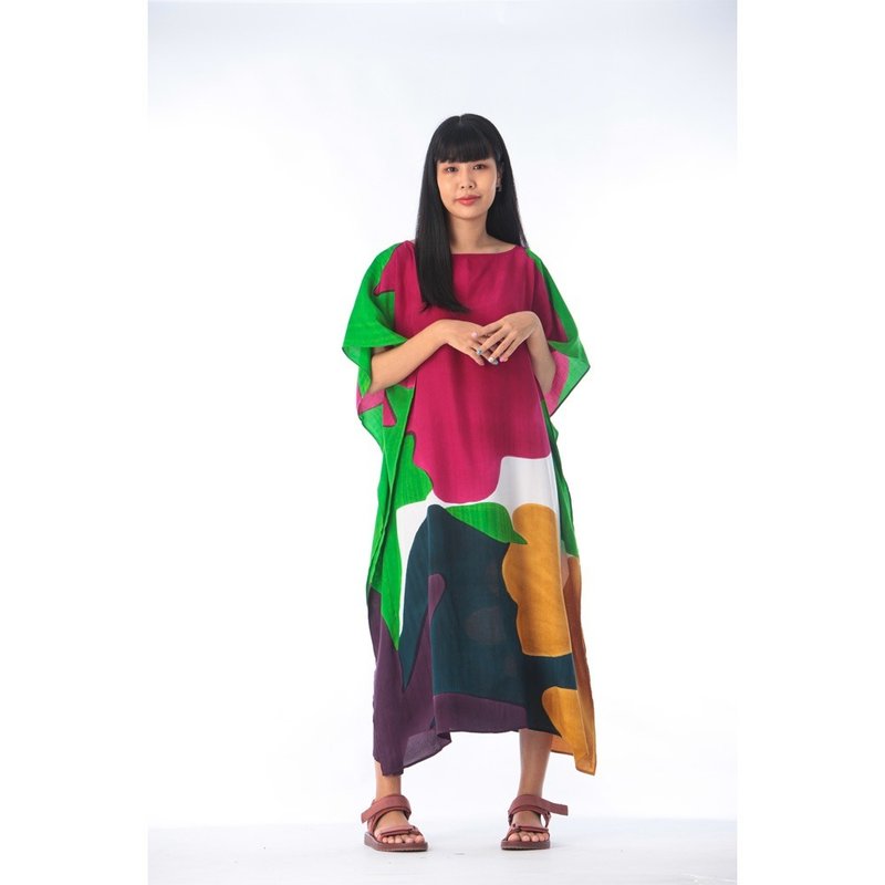 Hand Painted Cotton Silk Kaftan for Summer Resort Vacation Free Size - 洋裝/連身裙 - 棉．麻 綠色