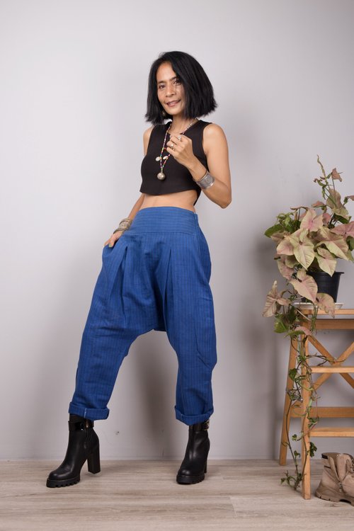 Harem Pants, Unisex Pants, Hemp Cotton Pants, Zipper and pocket, Remake