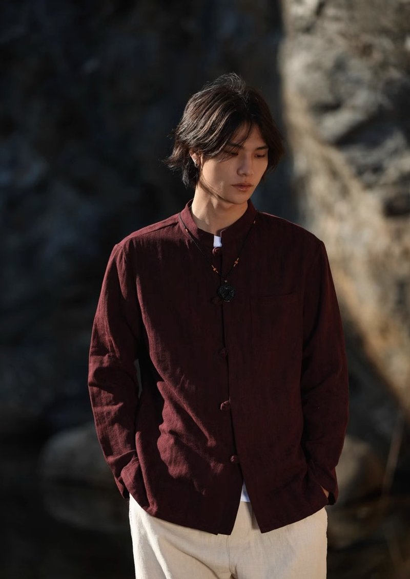 東方韻 中國風復古亞麻長袖襯衫 - 男襯衫/休閒襯衫 - 其他材質 紅色