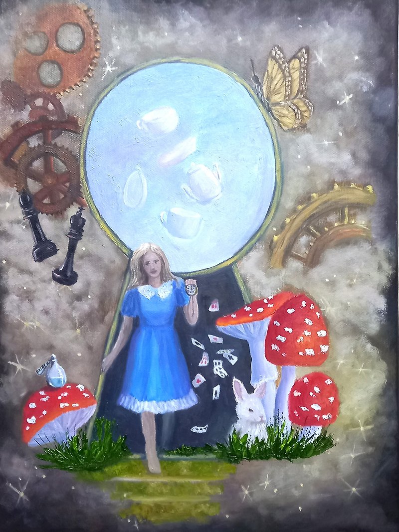 愛麗絲夢遊仙境油畫原創油畫奇幻 - 壁貼/牆壁裝飾 - 棉．麻 多色