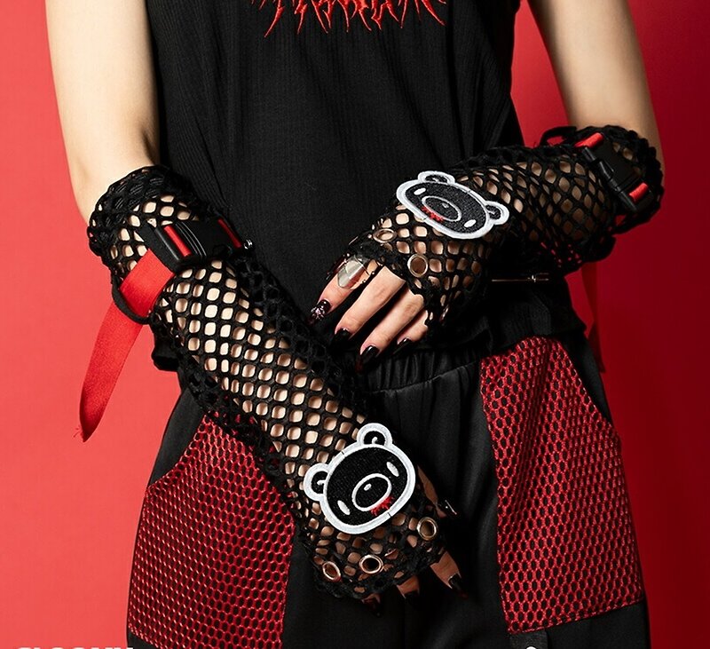 GLOOMY Violent Bear Collaboration No. 3 Punk Style Fishnet Eyelet Button Long Version Fingerless Sleeves Red [JA0643 - Gloves & Mittens - Other Man-Made Fibers 
