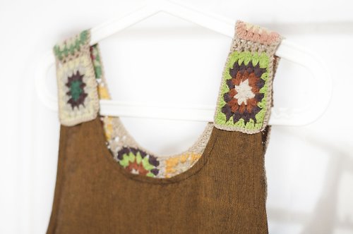 omhandmade 鉤織棉麻洋裝/波希米亞連身裙/花朵洋裝/手工刺繡洋裝-沙漠色花朵