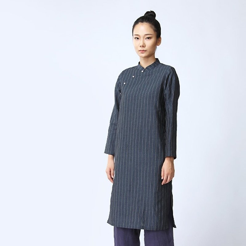 BUFU  washed indigo Chinese dress D160702 - กี่เพ้า - ผ้าฝ้าย/ผ้าลินิน สีน้ำเงิน